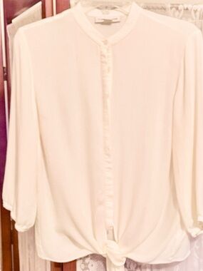 Coldwater Creek Cream Tie-Hem Band Collar Blouse